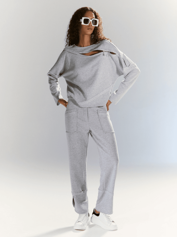 Cotton Blend - Fermuar Detaylı Sweat - Gri