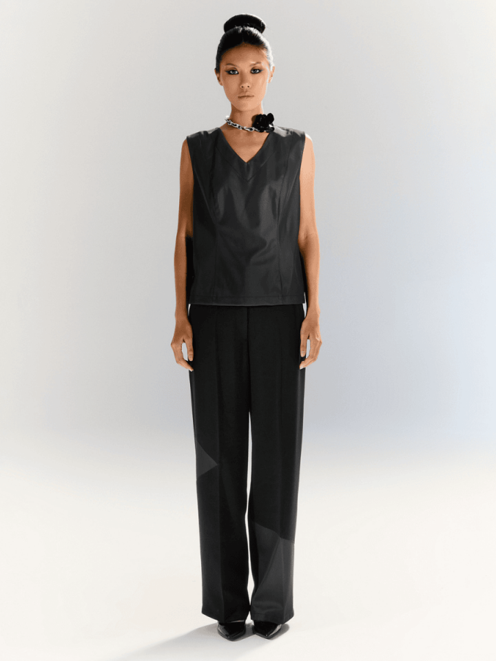 Streamline - Deri Detaylı Pantolon - Siyah